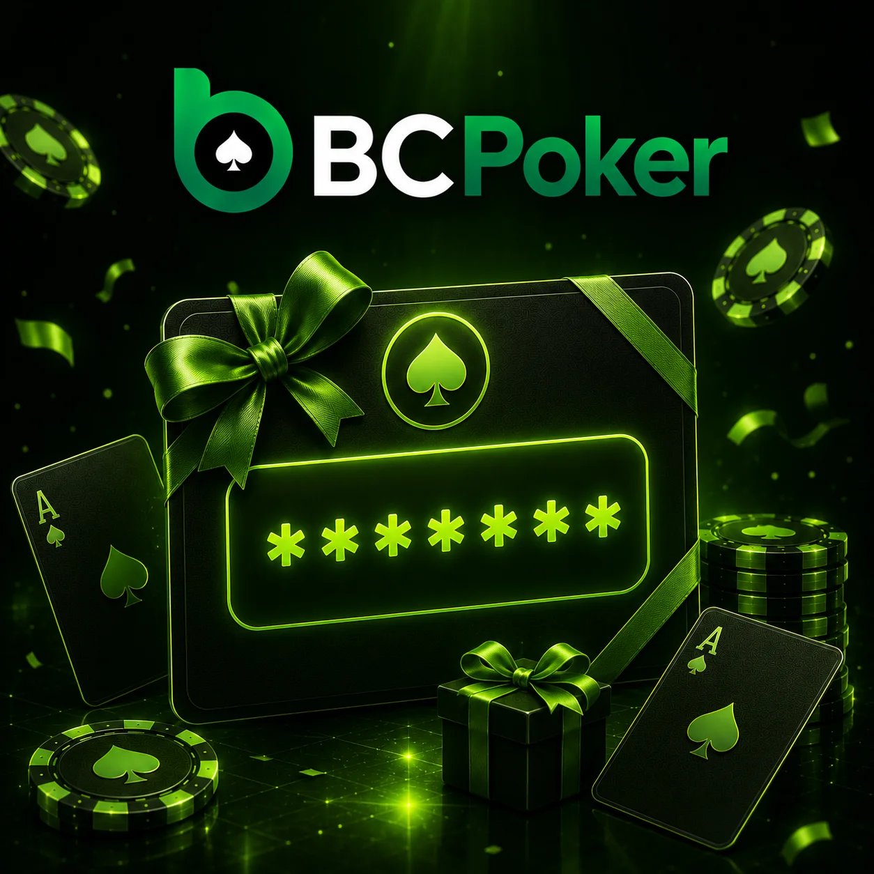 BC Poker bonus code banner with hidden promo code, gift box and poker chips.