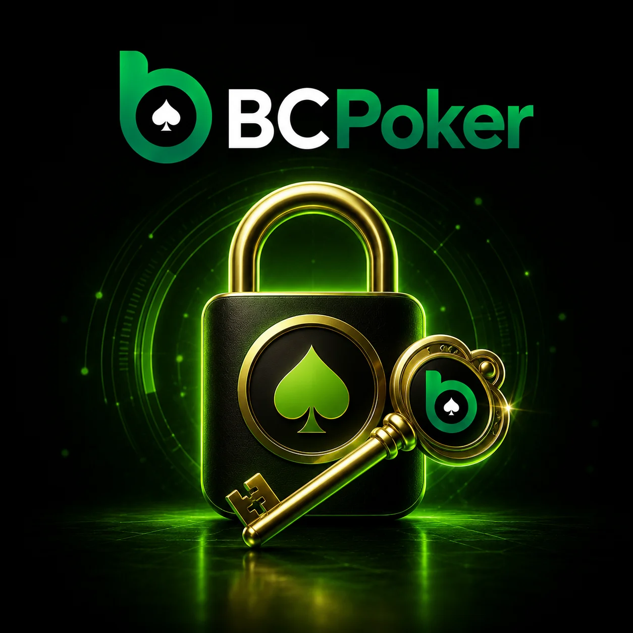 BC Poker security lock with key in neon green casino style.